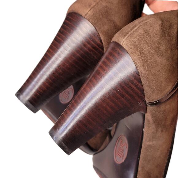 Sofft "Gabby" Brown Suede Leather Peep Toe Stacked Heel Pumps Heels Shoes sz 10 - Picture 5 of 10